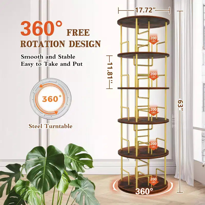 Libreria girevole a 5 ripiani, torre per libri impilabile girevole a 360° in metallo e legno, scaffale da terra salvaspazio per camera da letto, soggiorno, ufficio, oro