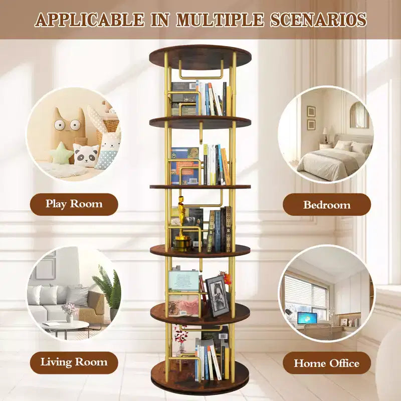 Libreria girevole a 5 ripiani, torre per libri impilabile girevole a 360° in metallo e legno, scaffale da terra salvaspazio per camera da letto, soggiorno, ufficio, oro