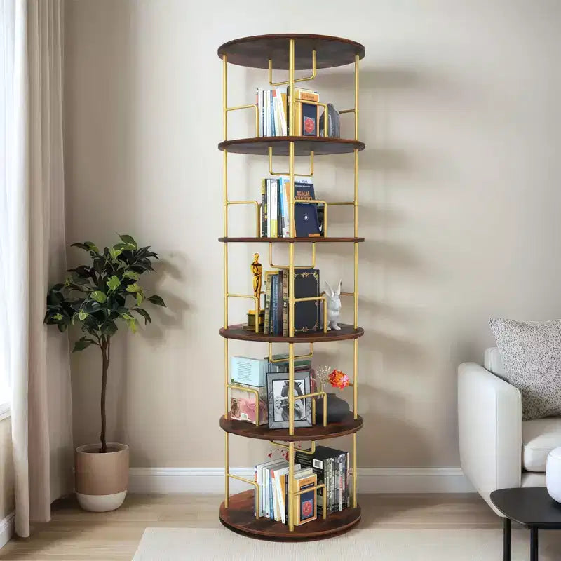 Libreria girevole a 5 ripiani, torre per libri impilabile girevole a 360° in metallo e legno, scaffale da terra salvaspazio per camera da letto, soggiorno, ufficio, oro