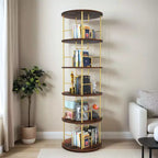 Libreria girevole a 5 ripiani, torre per libri impilabile girevole a 360° in metallo e legno, scaffale da terra salvaspazio per camera da letto, soggiorno, ufficio, oro