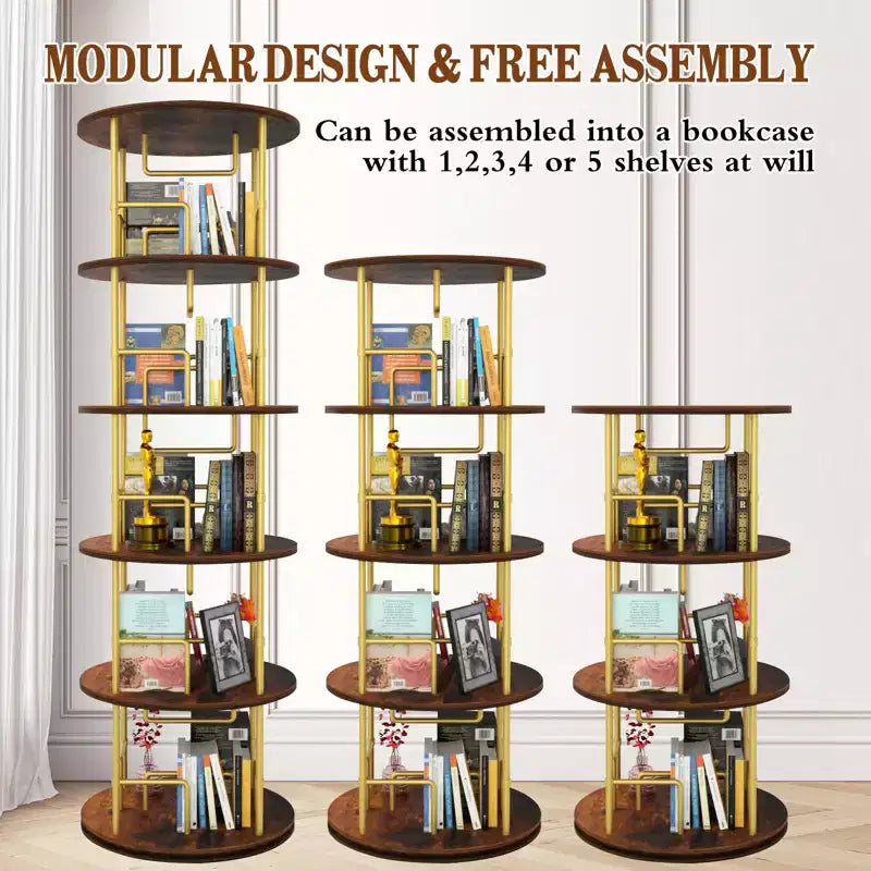 Libreria girevole a 5 ripiani, torre per libri impilabile girevole a 360° in metallo e legno, scaffale da terra salvaspazio per camera da letto, soggiorno, ufficio, oro