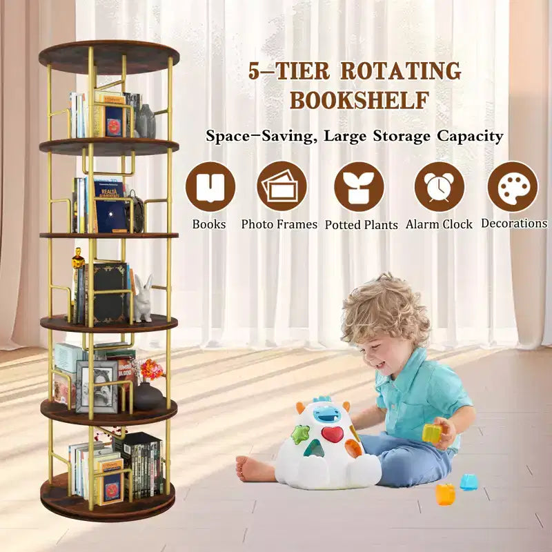 Libreria girevole a 5 ripiani, torre per libri impilabile girevole a 360° in metallo e legno, scaffale da terra salvaspazio per camera da letto, soggiorno, ufficio, oro