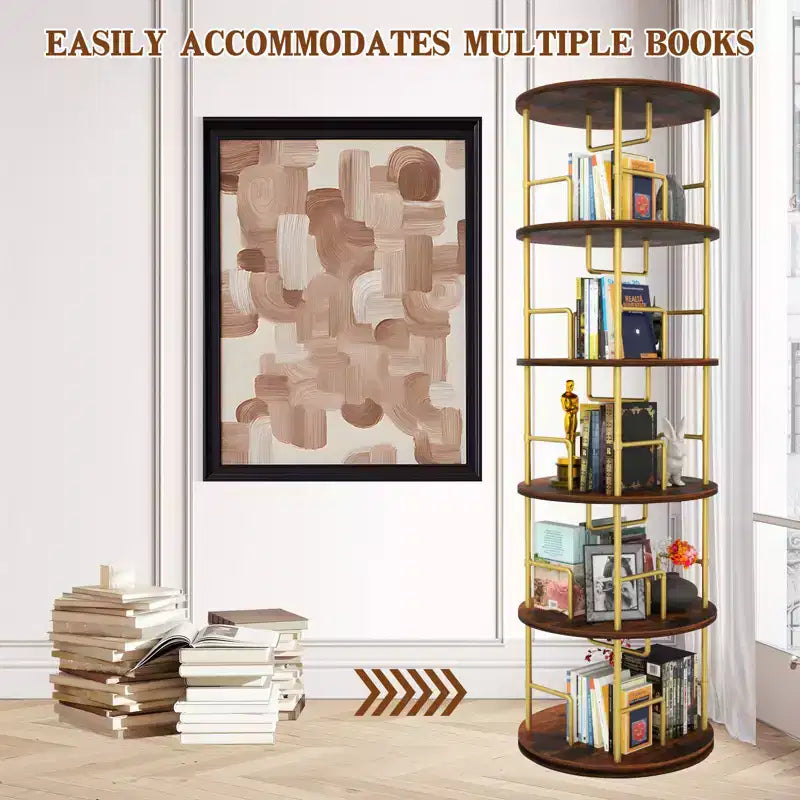 Libreria girevole a 5 ripiani, torre per libri impilabile girevole a 360° in metallo e legno, scaffale da terra salvaspazio per camera da letto, soggiorno, ufficio, oro