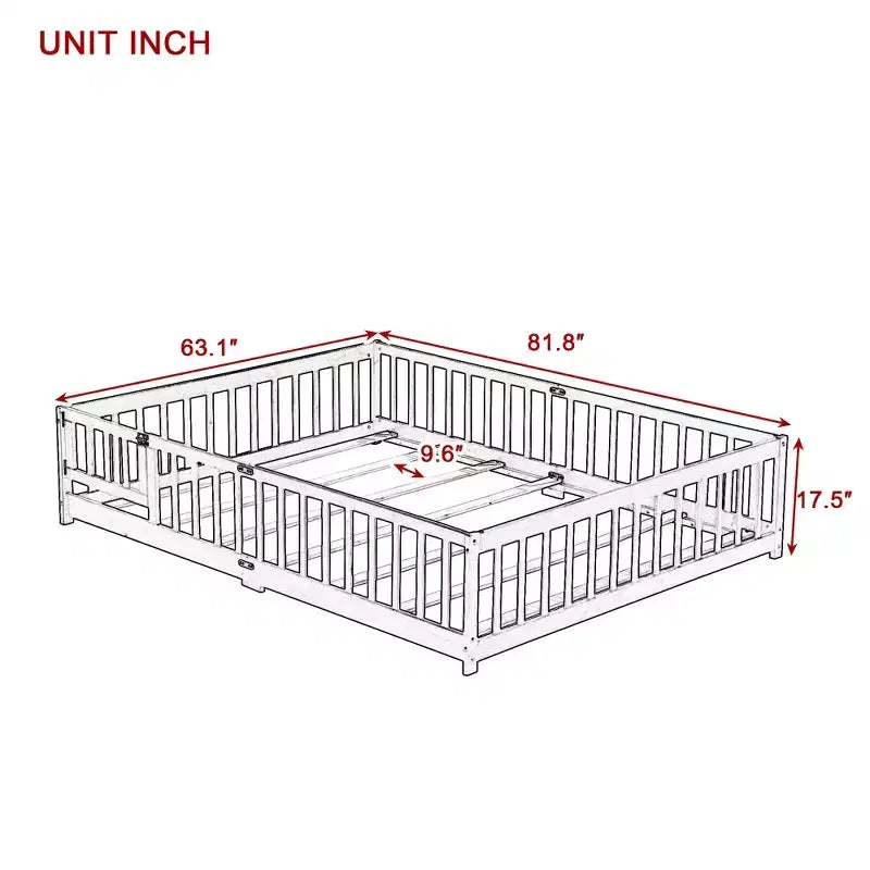 Letto a due piazze (Queen Size) con recinzione e porta, struttura in legno massello di caucciù, sponda di sicurezza, letto basso grande con recinzione e cancello