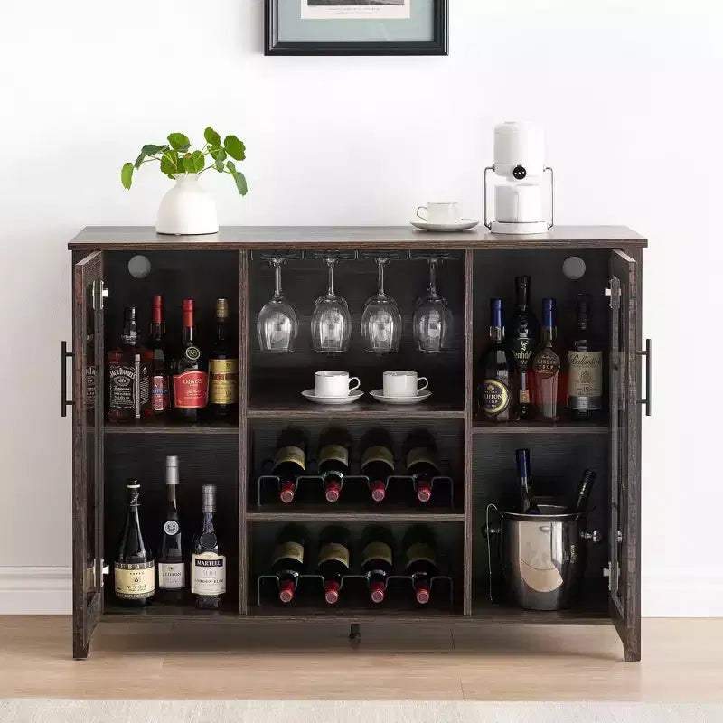 Mobile bar in legno da 47" con ante in vetro - Cantinetta con ripiani regolabili