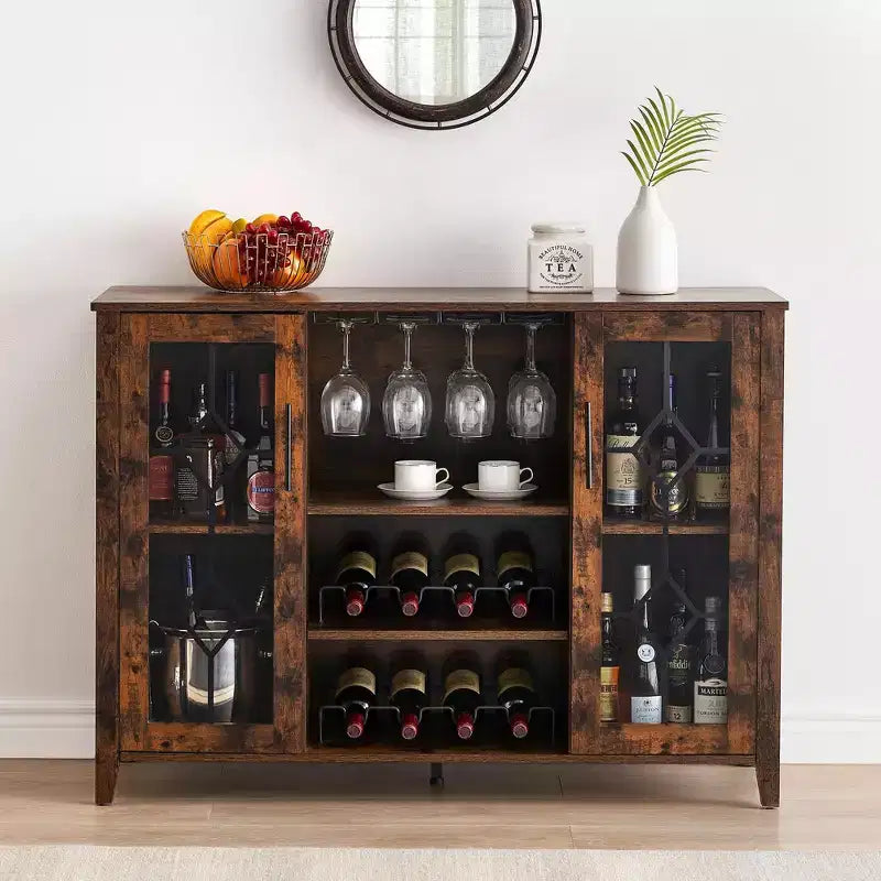 Mobile bar in legno da 47" con ante in vetro - Cantinetta con ripiani regolabili