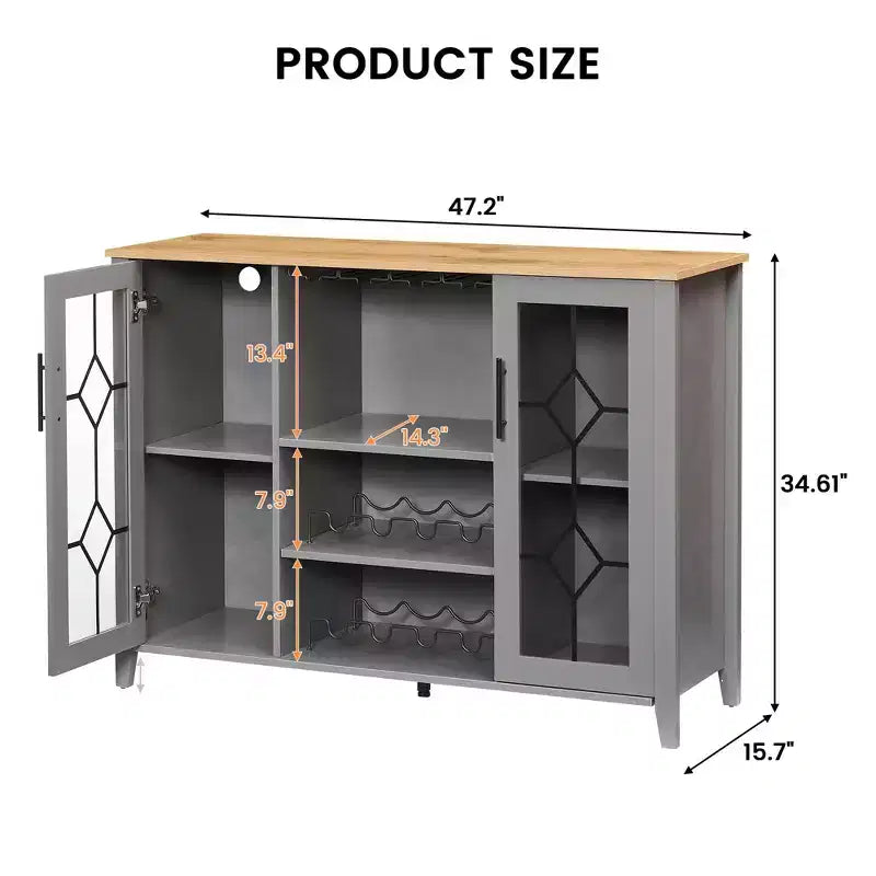 Mobile bar in legno da 47" con ante in vetro - Cantinetta con ripiani regolabili