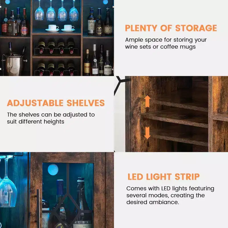 Mobile bar in legno da 47" con ante in vetro - Cantinetta con ripiani regolabili