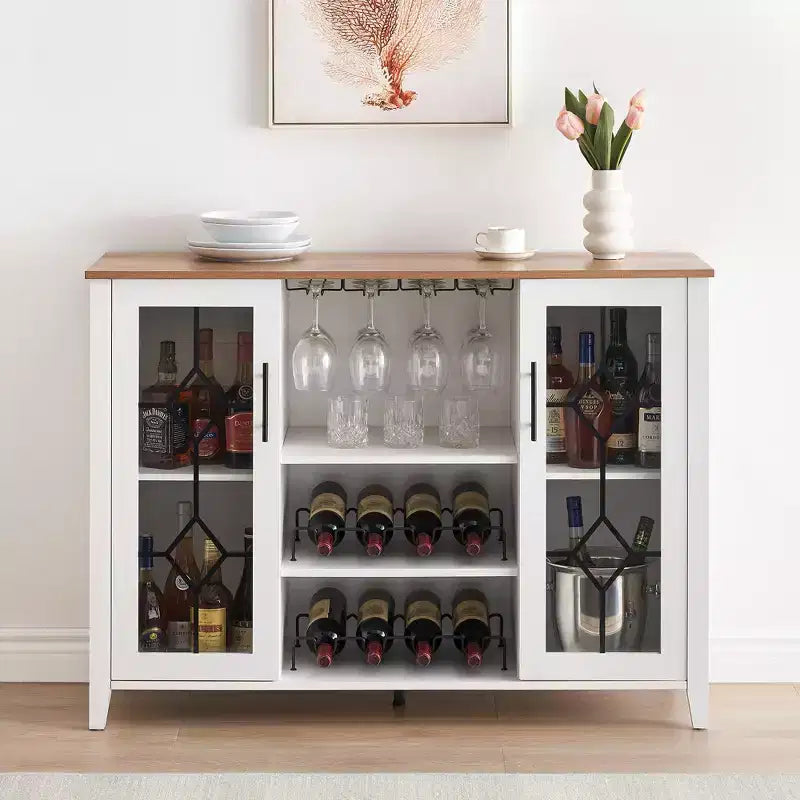 Mobile bar in legno da 47" con ante in vetro - Cantinetta con ripiani regolabili