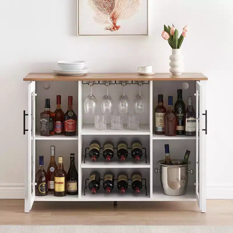 Mobile bar in legno da 47" con ante in vetro - Cantinetta con ripiani regolabili