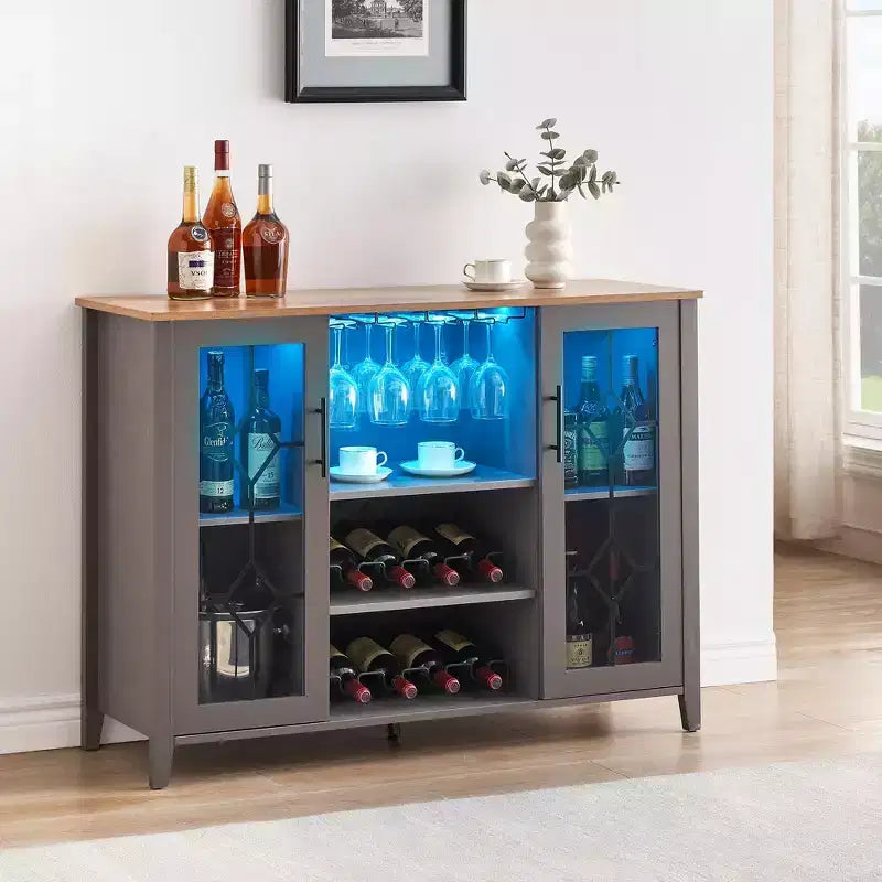 Mobile bar in legno da 47" con ante in vetro - Cantinetta con ripiani regolabili