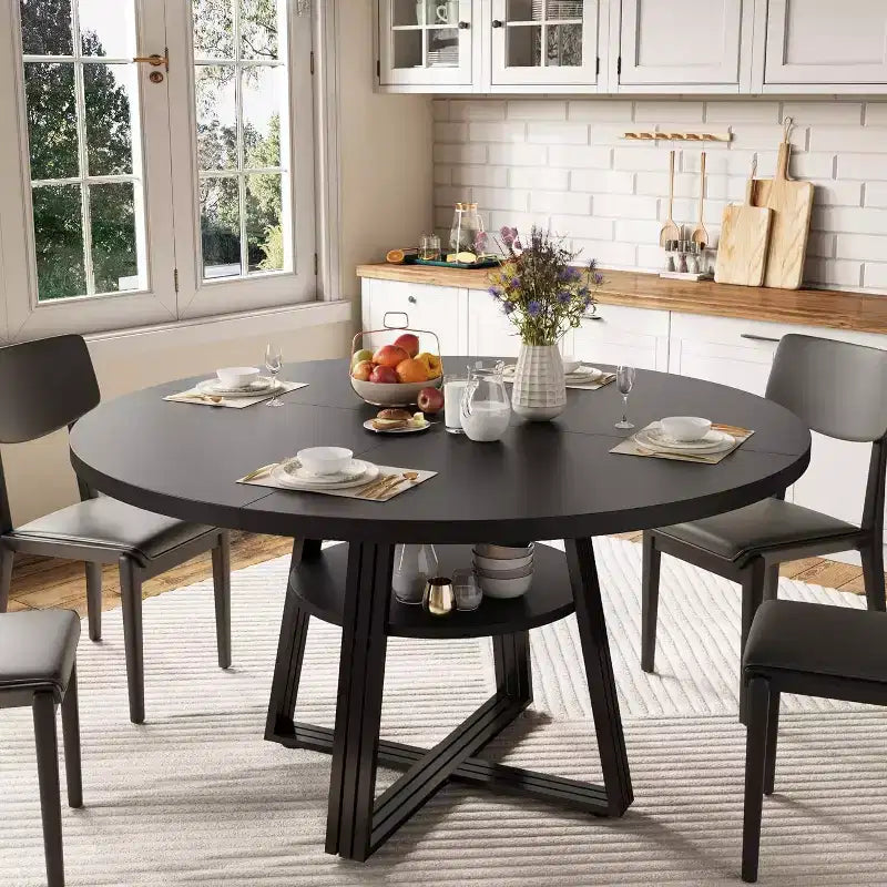 Round Dining Table for 4-6, 47.2 Farmhouse Kitchen Table with Storage, Circle Dinner Tables for Kitchen, Dining Room, Living Room, Meeting Room