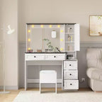 Set Sgabello Toeletta Trucco Bianco, Tavolino da Trucco Piccolo con Specchio Illuminato, Stazione di Ricarica, 5 Cassetti, Armadietto a 3 Livelli e Sgabello Imbottito