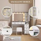 Set Sgabello Toeletta Trucco Bianco, Tavolino da Trucco Piccolo con Specchio Illuminato, Stazione di Ricarica, 5 Cassetti, Armadietto a 3 Livelli e Sgabello Imbottito
