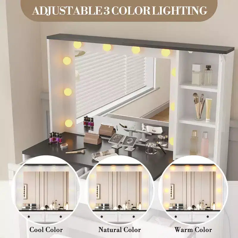 Set Sgabello Toeletta Trucco Bianco, Tavolino da Trucco Piccolo con Specchio Illuminato, Stazione di Ricarica, 5 Cassetti, Armadietto a 3 Livelli e Sgabello Imbottito