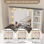 Set Sgabello Toeletta Trucco Bianco, Tavolino da Trucco Piccolo con Specchio Illuminato, Stazione di Ricarica, 5 Cassetti, Armadietto a 3 Livelli e Sgabello Imbottito