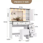 Set Sgabello Toeletta Trucco Bianco, Tavolino da Trucco Piccolo con Specchio Illuminato, Stazione di Ricarica, 5 Cassetti, Armadietto a 3 Livelli e Sgabello Imbottito