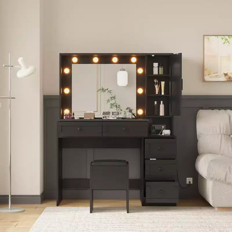 Set Sgabello Toeletta Trucco Bianco, Tavolino da Trucco Piccolo con Specchio Illuminato, Stazione di Ricarica, 5 Cassetti, Armadietto a 3 Livelli e Sgabello Imbottito