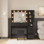Set Sgabello Toeletta Trucco Bianco, Tavolino da Trucco Piccolo con Specchio Illuminato, Stazione di Ricarica, 5 Cassetti, Armadietto a 3 Livelli e Sgabello Imbottito