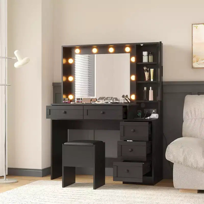 Set Sgabello Toeletta Trucco Bianco, Tavolino da Trucco Piccolo con Specchio Illuminato, Stazione di Ricarica, 5 Cassetti, Armadietto a 3 Livelli e Sgabello Imbottito