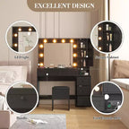 Set Sgabello Toeletta Trucco Bianco, Tavolino da Trucco Piccolo con Specchio Illuminato, Stazione di Ricarica, 5 Cassetti, Armadietto a 3 Livelli e Sgabello Imbottito