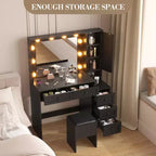 Set Sgabello Toeletta Trucco Bianco, Tavolino da Trucco Piccolo con Specchio Illuminato, Stazione di Ricarica, 5 Cassetti, Armadietto a 3 Livelli e Sgabello Imbottito