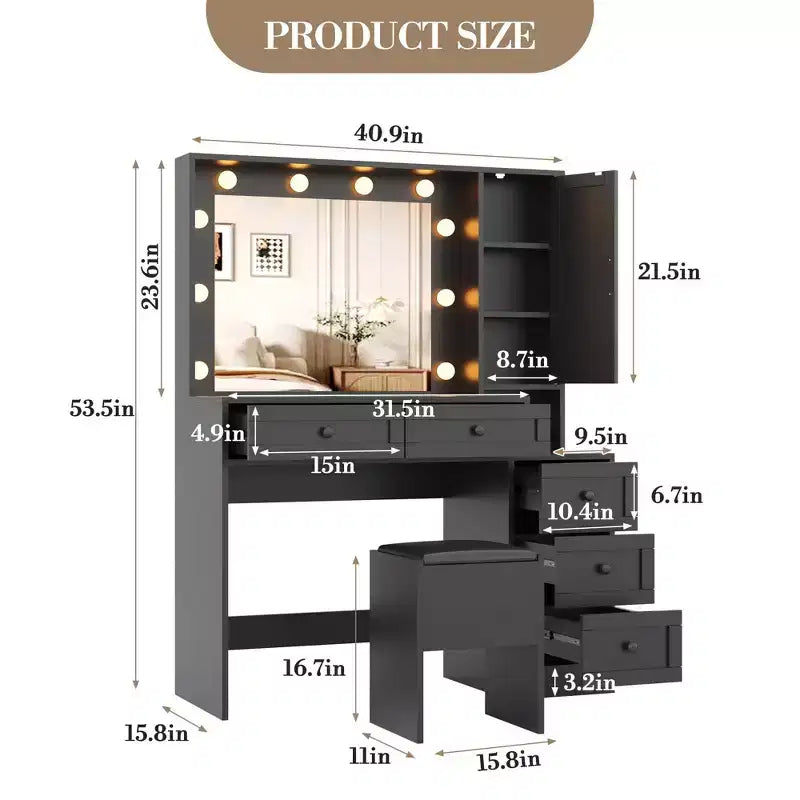 Set Sgabello Toeletta Trucco Bianco, Tavolino da Trucco Piccolo con Specchio Illuminato, Stazione di Ricarica, 5 Cassetti, Armadietto a 3 Livelli e Sgabello Imbottito
