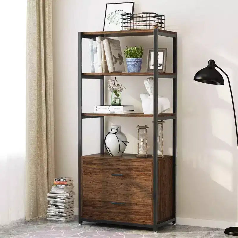 Lantine Bookcase, 4-Tier Rustic Bookshelf with 2 Drawers, Etagere Standard Book Shelves Display Shelf for Home Office