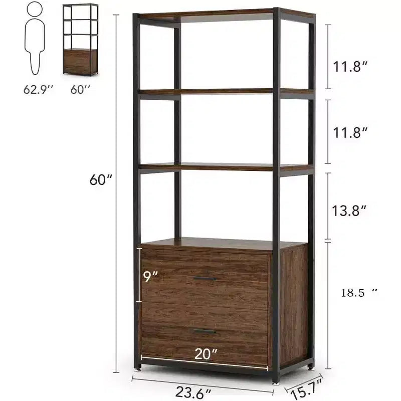 Libreria Lantine, scaffale rustico a 4 ripiani con 2 cassetti, scaffale espositore standard Etagere per casa e ufficio