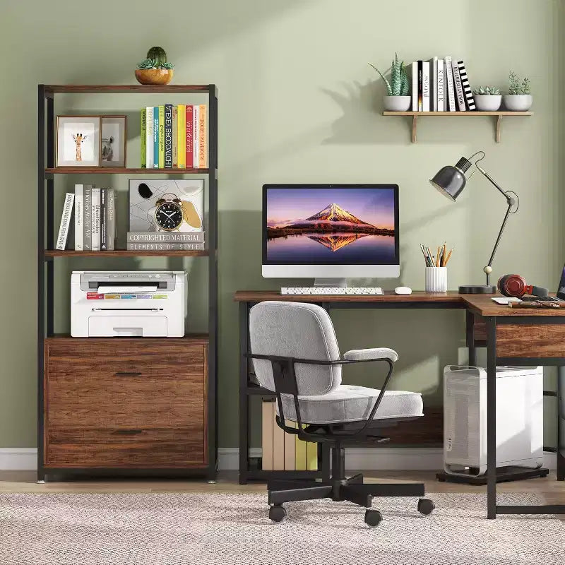Libreria Lantine, scaffale rustico a 4 ripiani con 2 cassetti, scaffale espositore standard Etagere per casa e ufficio