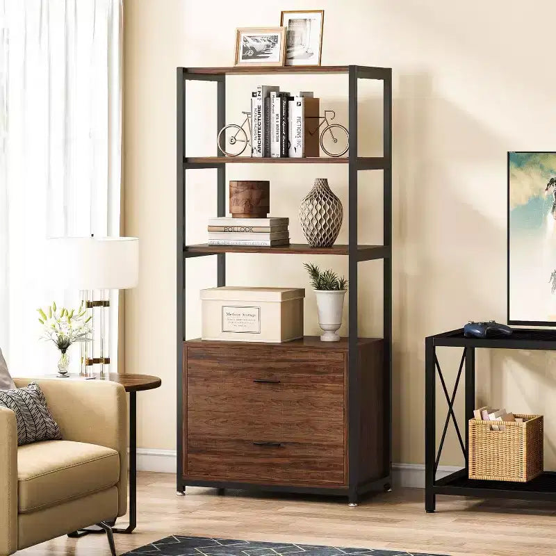 Libreria Lantine, scaffale rustico a 4 ripiani con 2 cassetti, scaffale espositore standard Etagere per casa e ufficio