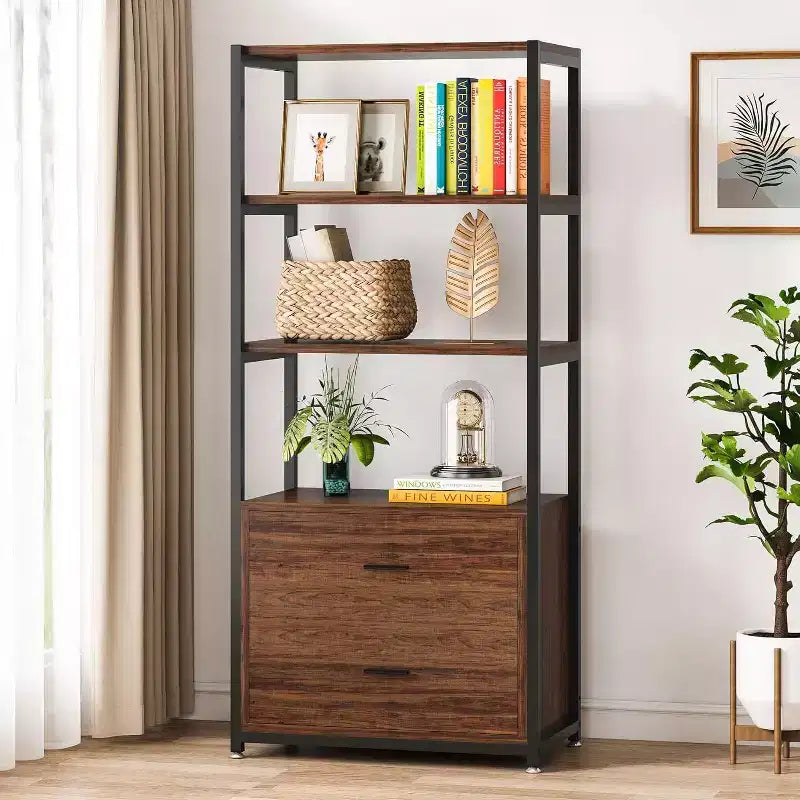Libreria Lantine, scaffale rustico a 4 ripiani con 2 cassetti, scaffale espositore standard Etagere per casa e ufficio