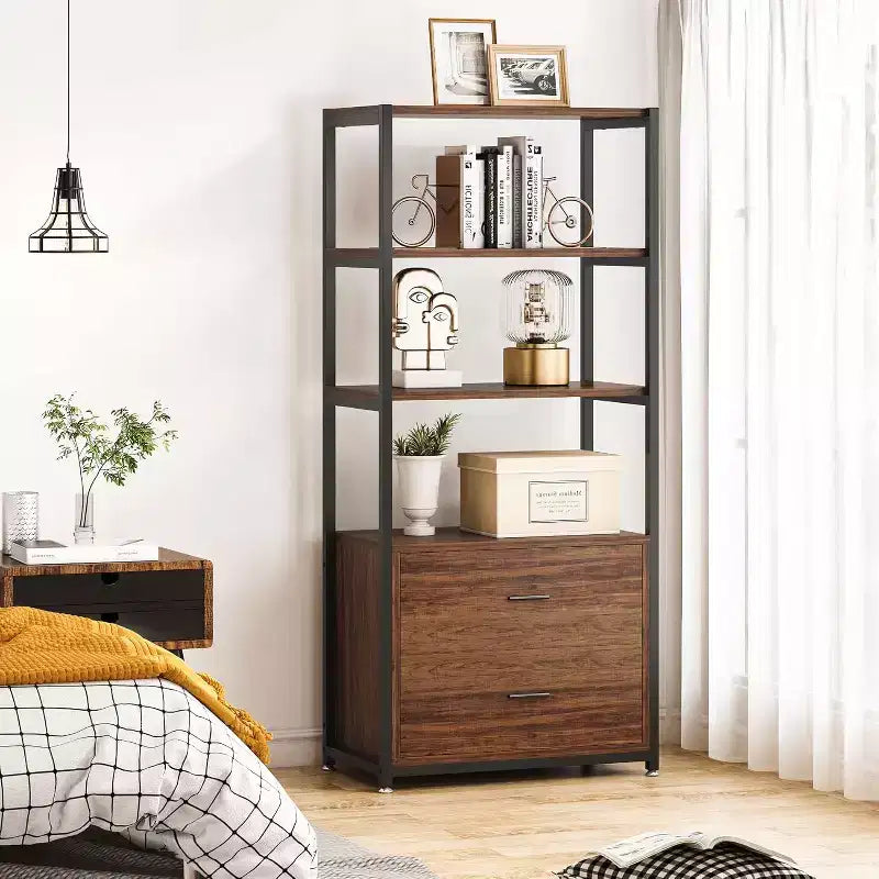 Libreria Lantine, scaffale rustico a 4 ripiani con 2 cassetti, scaffale espositore standard Etagere per casa e ufficio