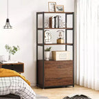 Libreria Lantine, scaffale rustico a 4 ripiani con 2 cassetti, scaffale espositore standard Etagere per casa e ufficio