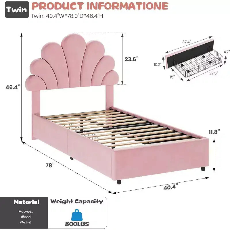 Struttura Letto Singolo Twin in Velluto con Testiera Regolabile e 2 Cassetti Contenitore, Supporto a Doghe in Legno Massello, Nessun Sommier Necessario per la Cameretta dei Bambini