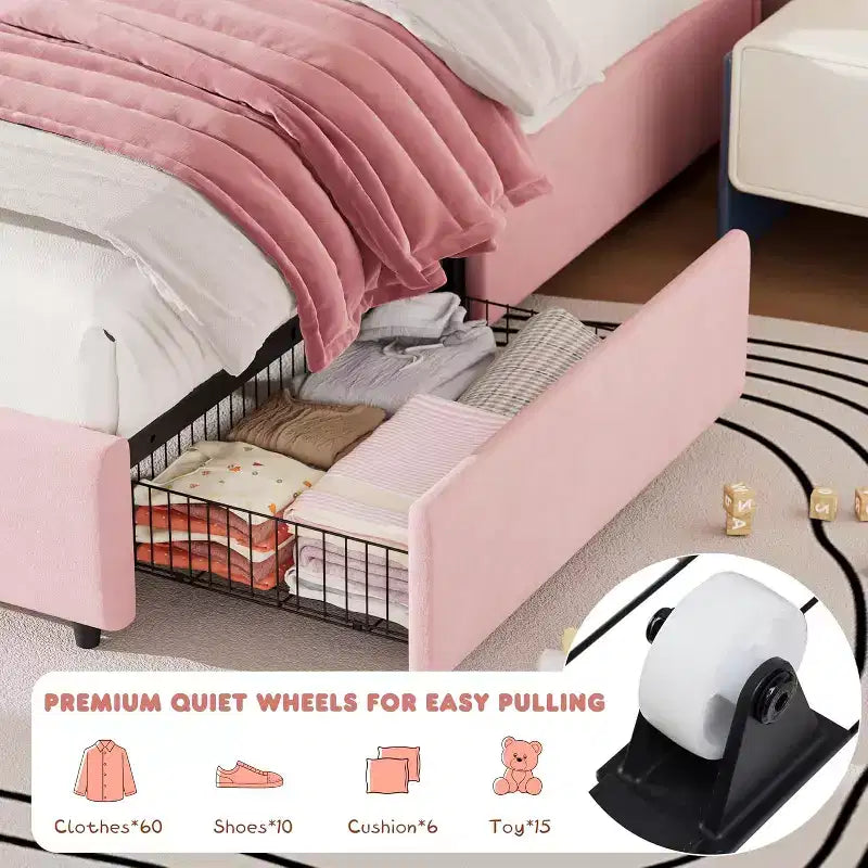 Struttura Letto Singolo Twin in Velluto con Testiera Regolabile e 2 Cassetti Contenitore, Supporto a Doghe in Legno Massello, Nessun Sommier Necessario per la Cameretta dei Bambini