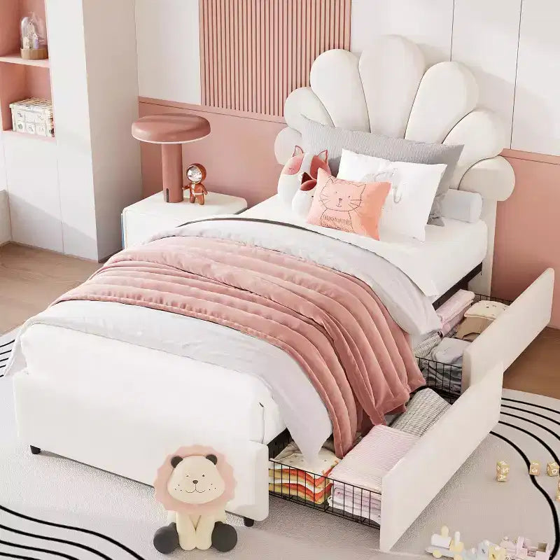 Struttura Letto Singolo Twin in Velluto con Testiera Regolabile e 2 Cassetti Contenitore, Supporto a Doghe in Legno Massello, Nessun Sommier Necessario per la Cameretta dei Bambini