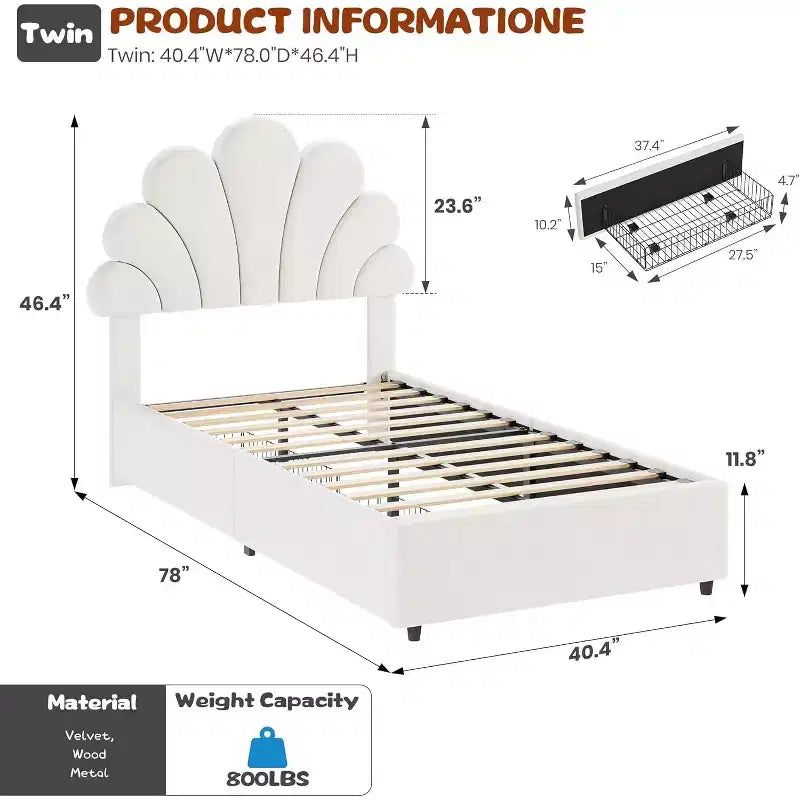 Struttura Letto Singolo Twin in Velluto con Testiera Regolabile e 2 Cassetti Contenitore, Supporto a Doghe in Legno Massello, Nessun Sommier Necessario per la Cameretta dei Bambini