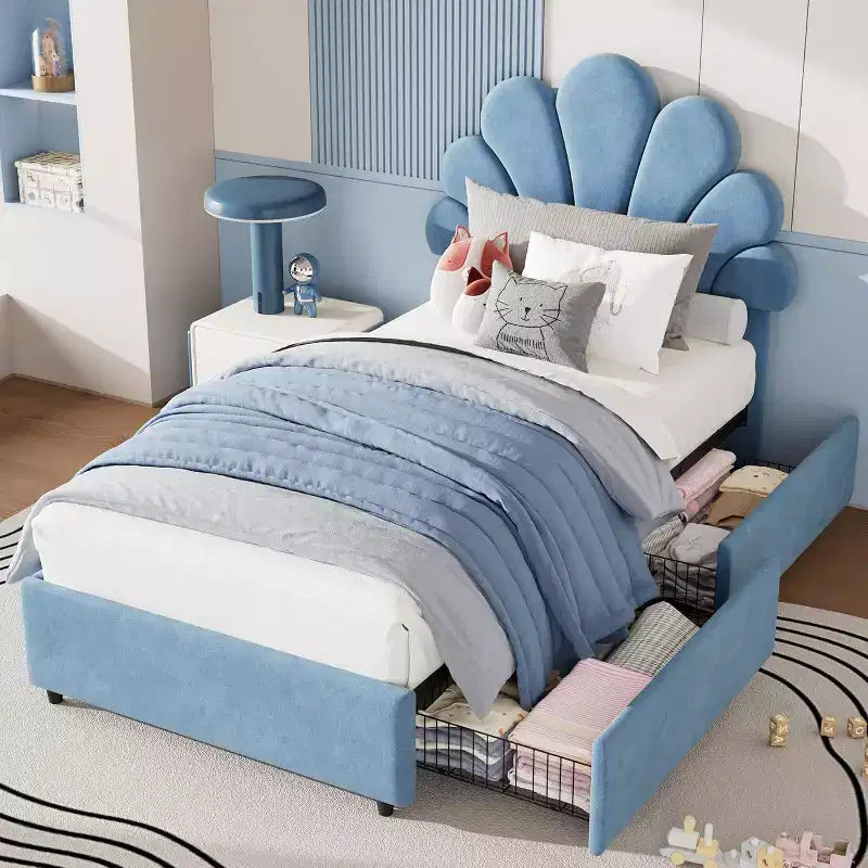 Struttura Letto Singolo Twin in Velluto con Testiera Regolabile e 2 Cassetti Contenitore, Supporto a Doghe in Legno Massello, Nessun Sommier Necessario per la Cameretta dei Bambini