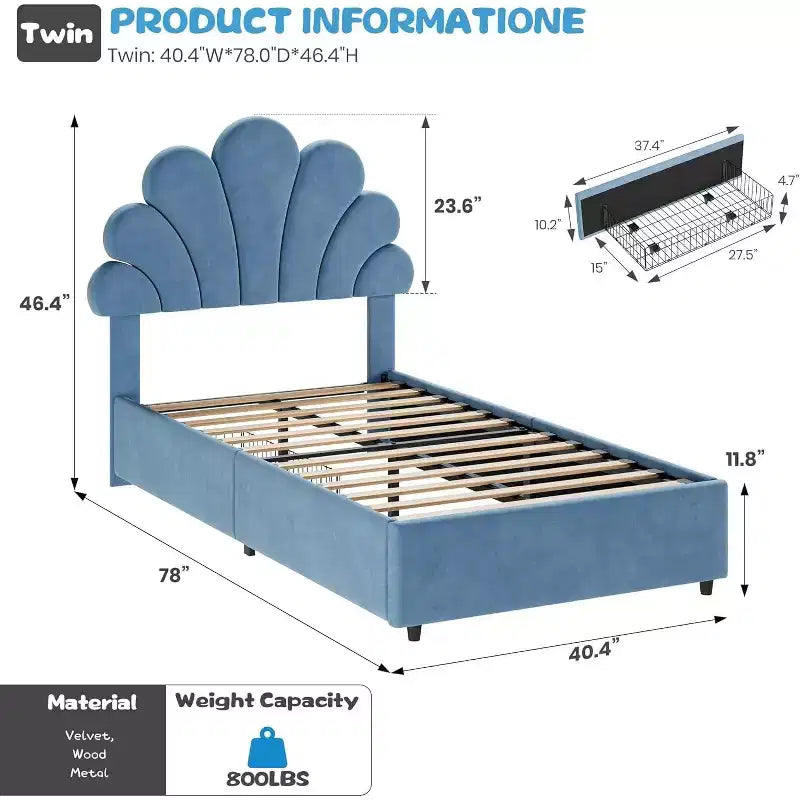 Struttura Letto Singolo Twin in Velluto con Testiera Regolabile e 2 Cassetti Contenitore, Supporto a Doghe in Legno Massello, Nessun Sommier Necessario per la Cameretta dei Bambini