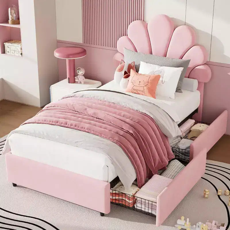 Struttura Letto Singolo Twin in Velluto con Testiera Regolabile e 2 Cassetti Contenitore, Supporto a Doghe in Legno Massello, Nessun Sommier Necessario per la Cameretta dei Bambini