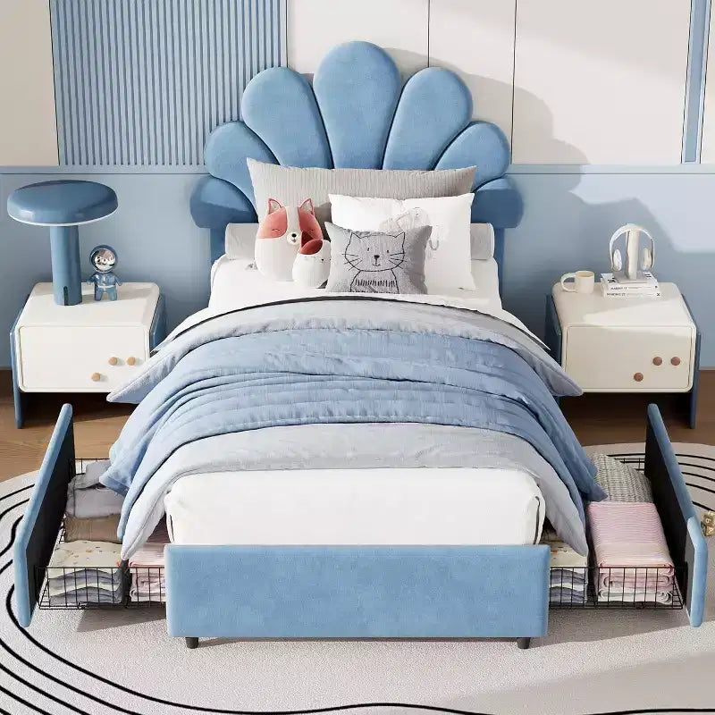 Twin Princess Velvet Bed Frame with Adjustable Headboard & 2 Storage Drawers, Solid Wood Slat Support, No Box Spring Needed for Kids' Room