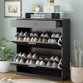 Slim Entryway Storage Cabinet Fashion Organizer with 2 Flip Drawers, Tempered Glass Top with LED Lights, Black, for Hallway Corridor