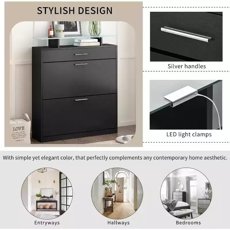 Mobile Contenitore Sottile per Ingresso, Organizzatore di Moda con 2 Cassetti a Ribalta, Piano in Vetro Temperato con Luci LED, Nero, per Corridoio
