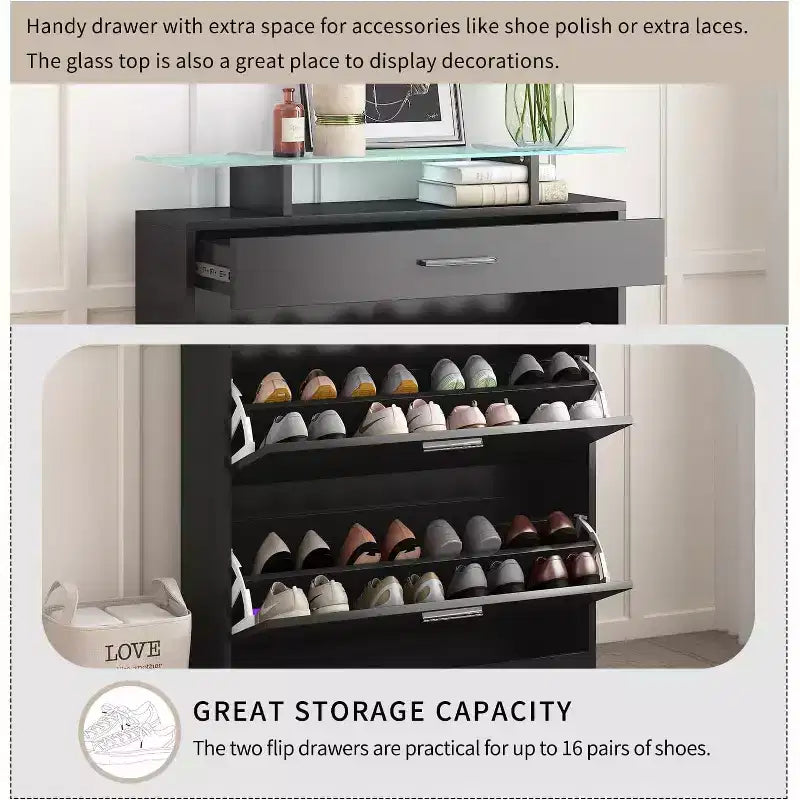 Mobile Contenitore Sottile per Ingresso, Organizzatore di Moda con 2 Cassetti a Ribalta, Piano in Vetro Temperato con Luci LED, Nero, per Corridoio