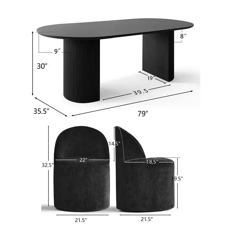 Set tavolo da pranzo per 6, tavolo ovale nero, sedie da pranzo imbottite girevoli con rotelle, ciniglia testurizzata 360 gsm - Panipeachy