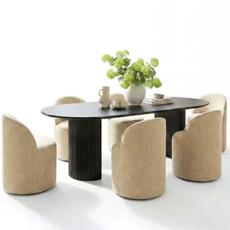 Set tavolo da pranzo per 6, tavolo ovale nero, sedie da pranzo imbottite girevoli con rotelle, ciniglia testurizzata 360 gsm - Panipeachy