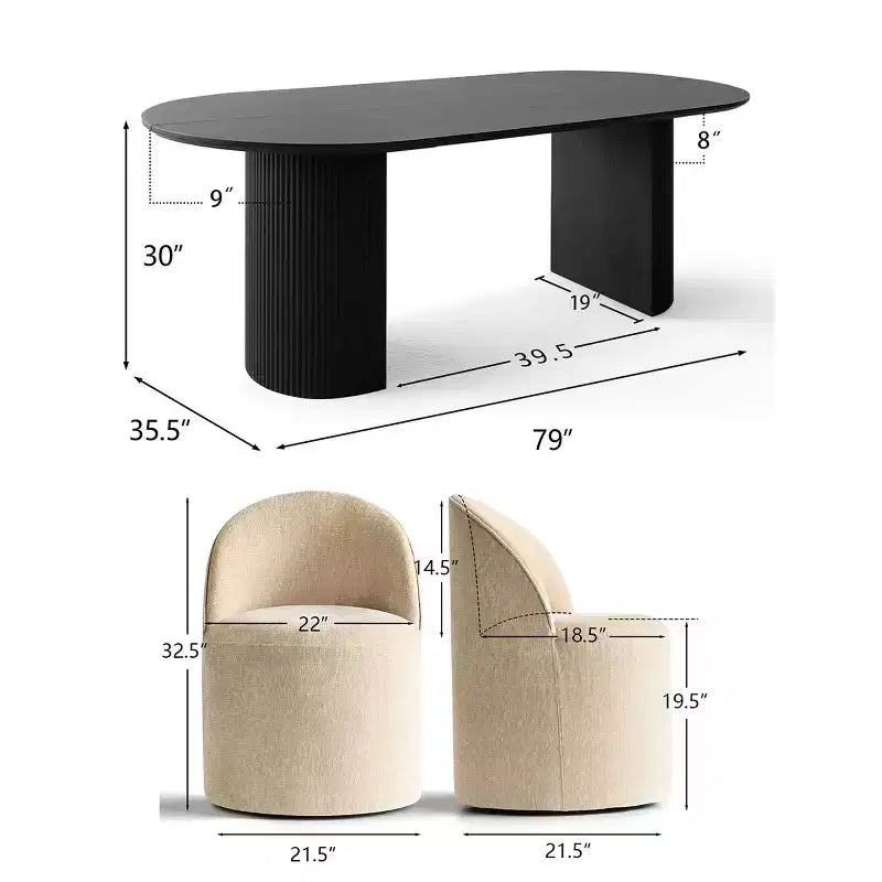 Set tavolo da pranzo per 6, tavolo ovale nero, sedie da pranzo imbottite girevoli con rotelle, ciniglia testurizzata 360 gsm - Panipeachy