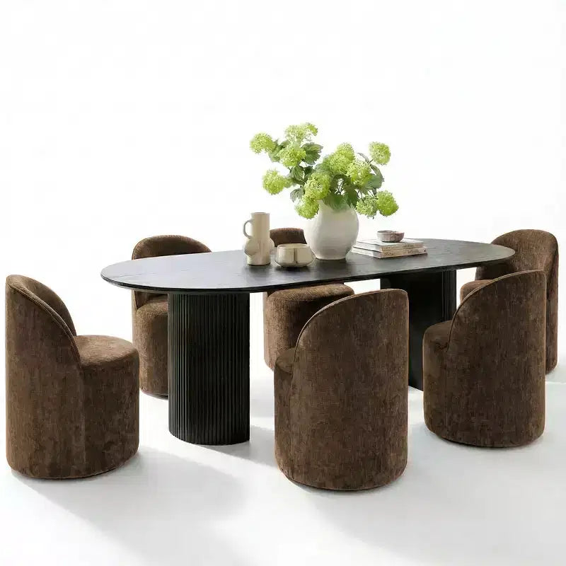 Set tavolo da pranzo per 6, tavolo ovale nero, sedie da pranzo imbottite girevoli con rotelle, ciniglia testurizzata 360 gsm - Panipeachy