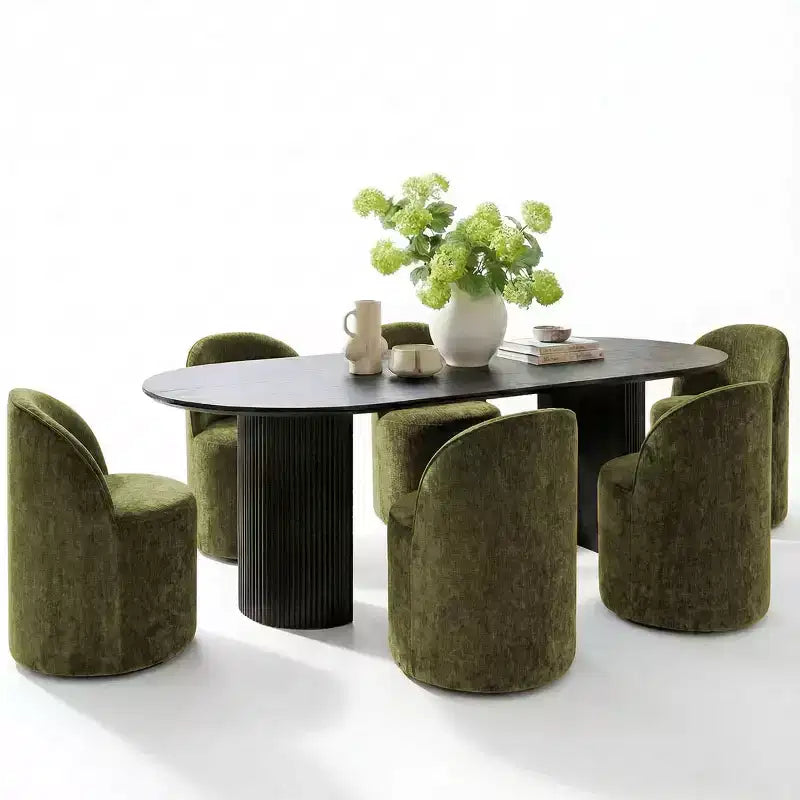 Set tavolo da pranzo per 6, tavolo ovale nero, sedie da pranzo imbottite girevoli con rotelle, ciniglia testurizzata 360 gsm - Panipeachy